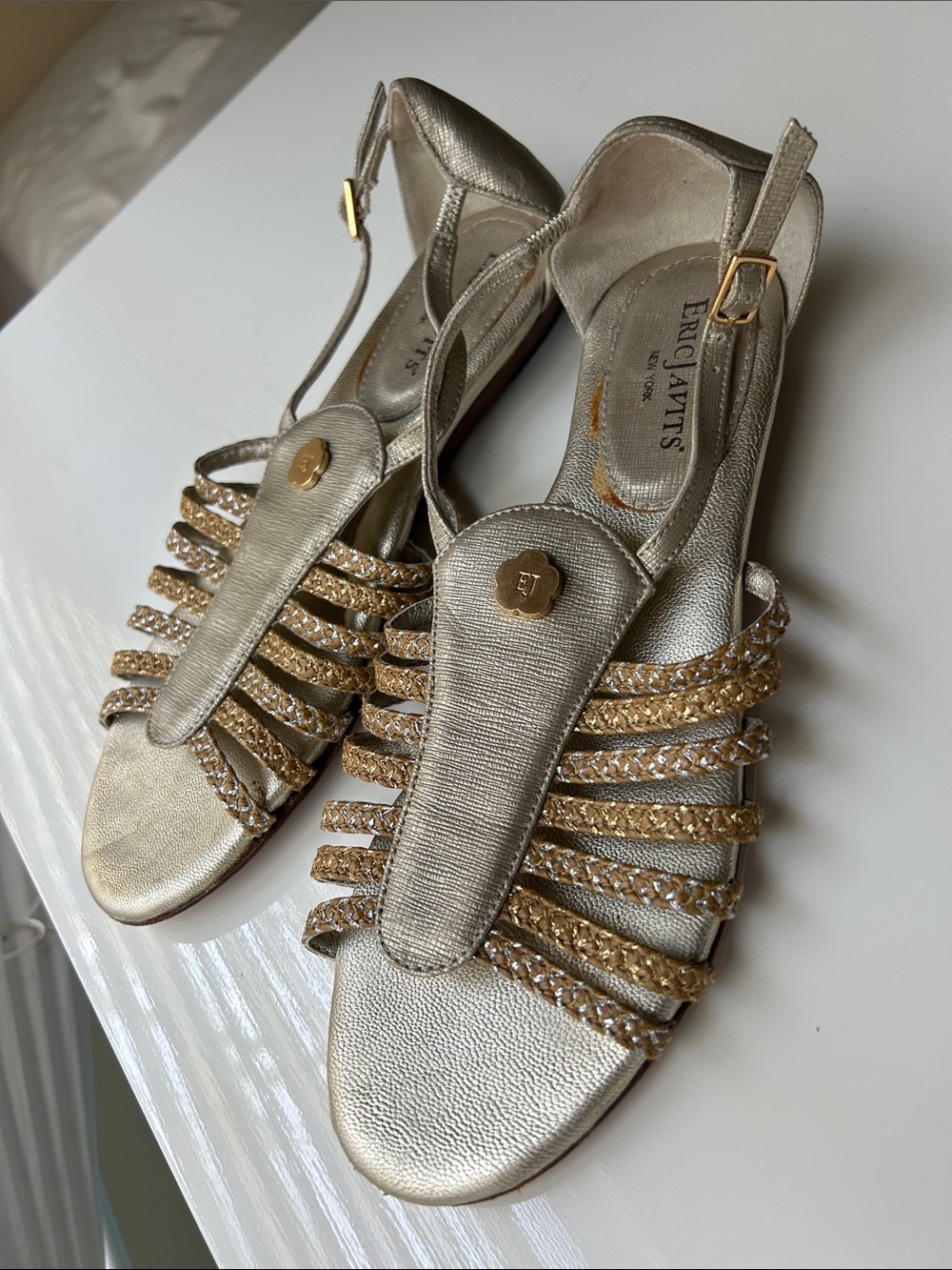 Eric Javits Metallic Gold Strappy Braided Sandals
